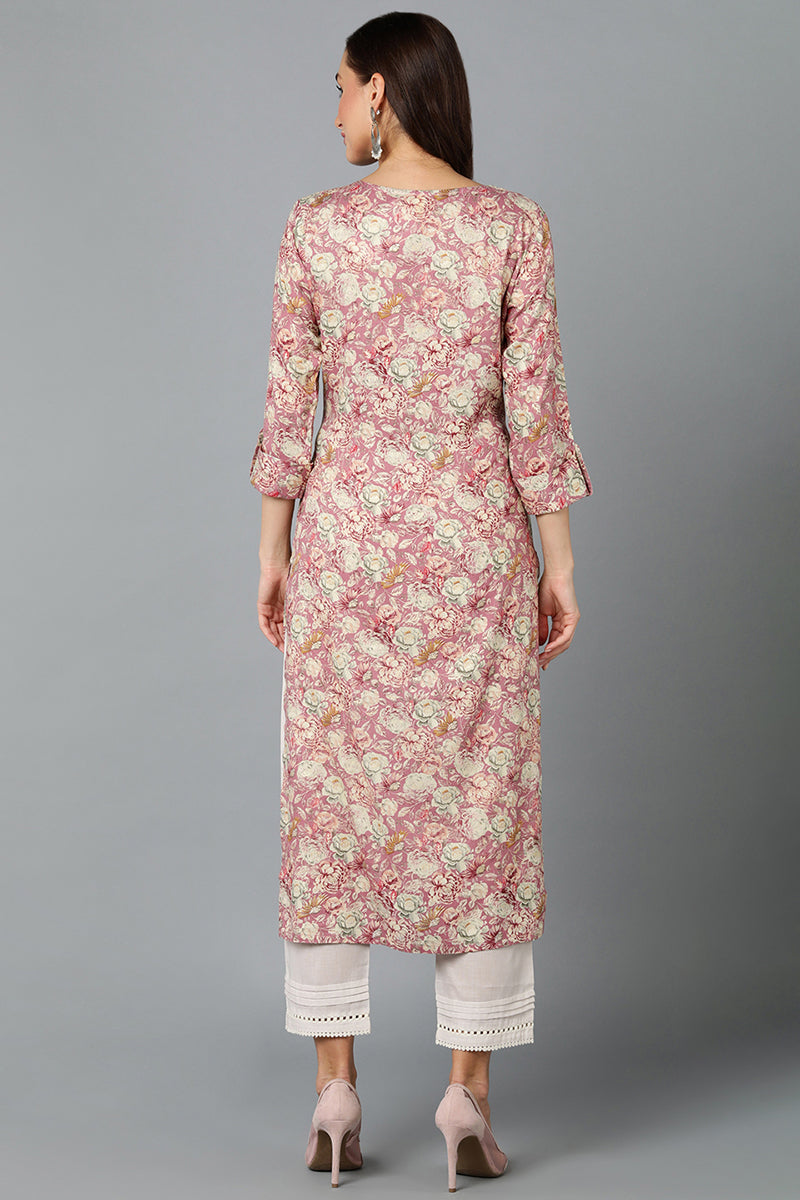 Cotton Rose Pink Printed Straight Kurta VCK9246