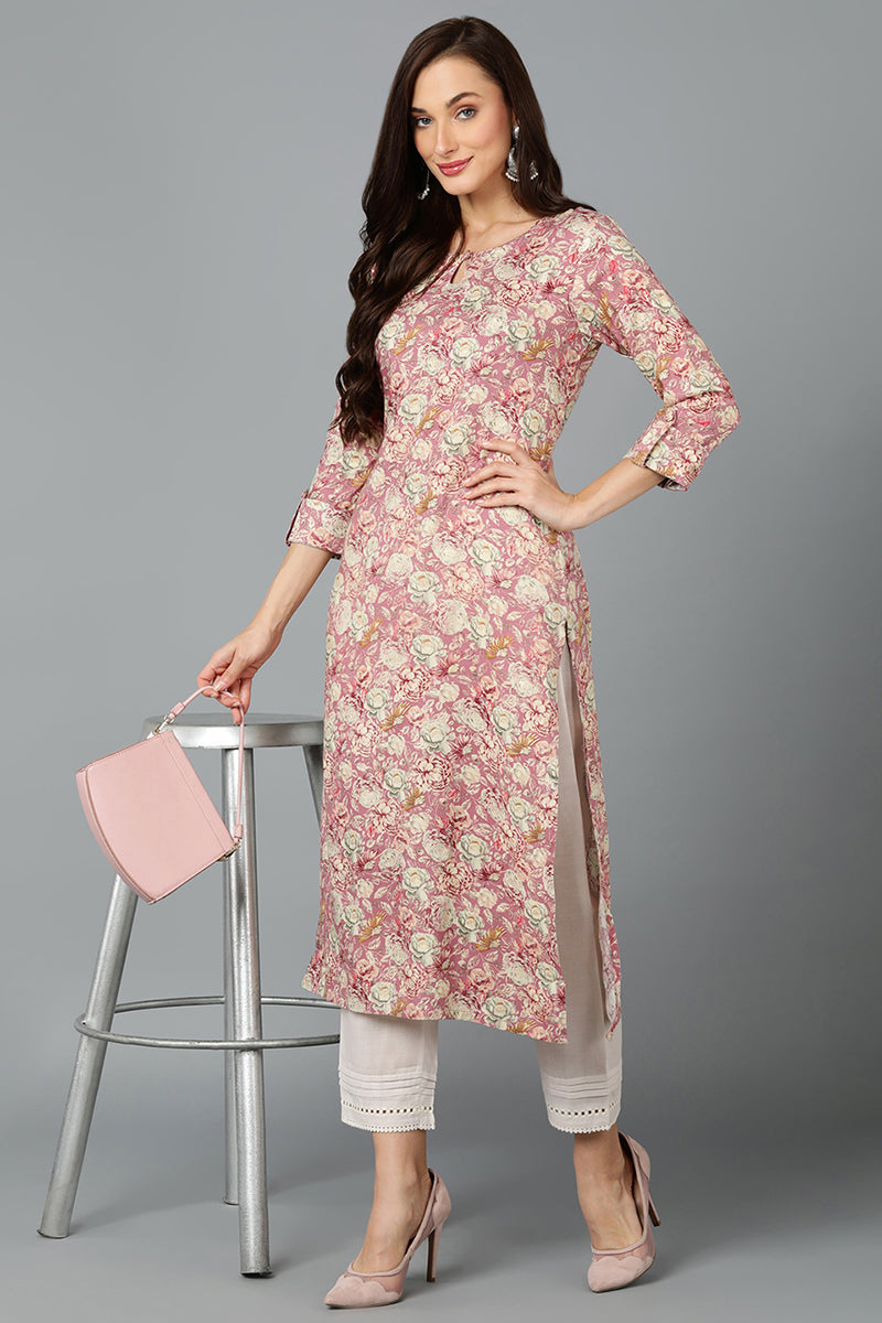 Cotton Rose Pink Printed Straight Kurta VCK9246