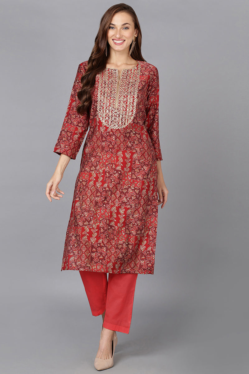 Red Silk Blend Ethnic Motifs Straight Kurta VCK9247