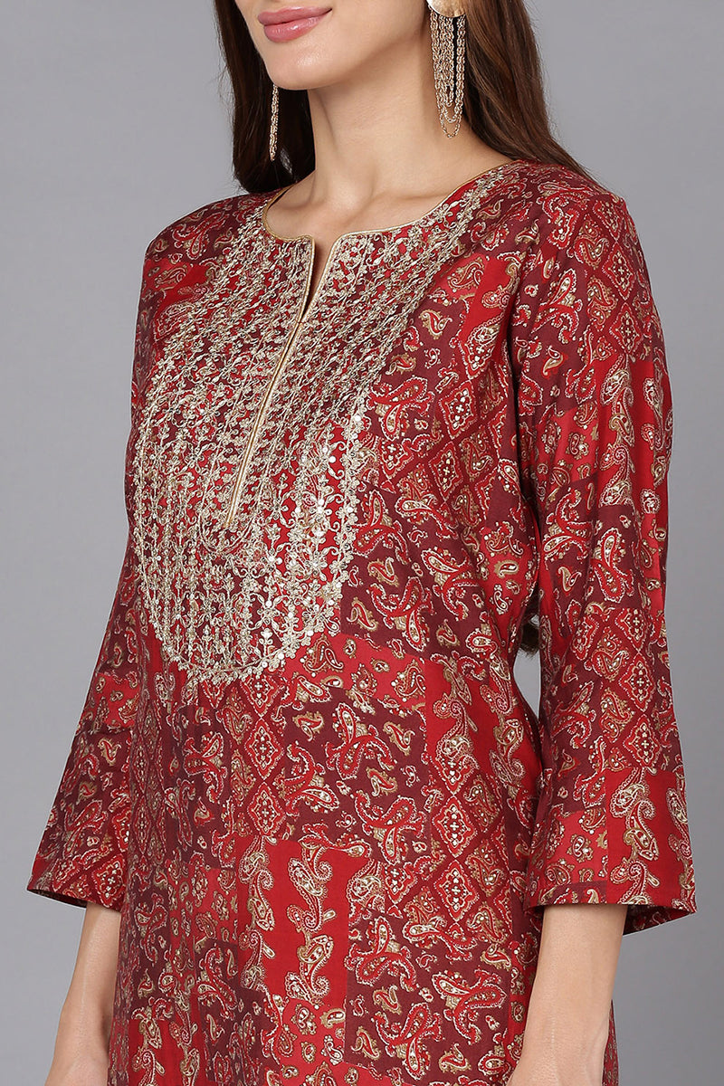 Red Silk Blend Ethnic Motifs Straight Kurta VCK9247