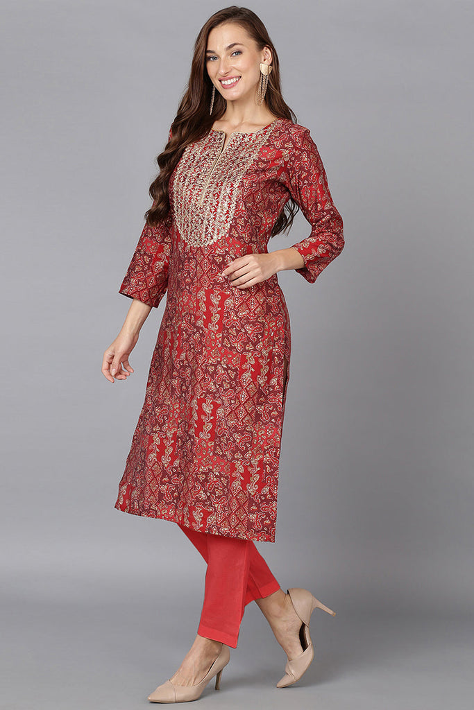 Red Silk Blend Ethnic Motifs Straight Kurta VCK9247