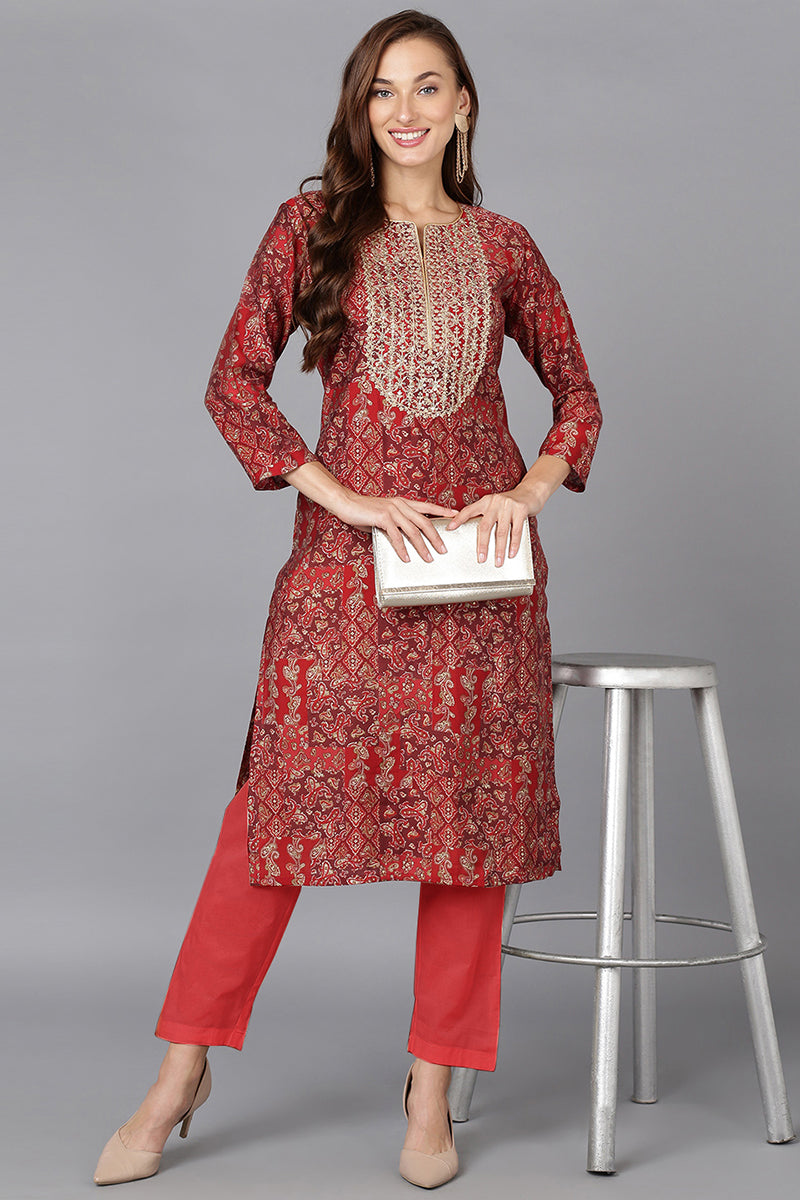 Red Silk Blend Ethnic Motifs Straight Kurta VCK9247