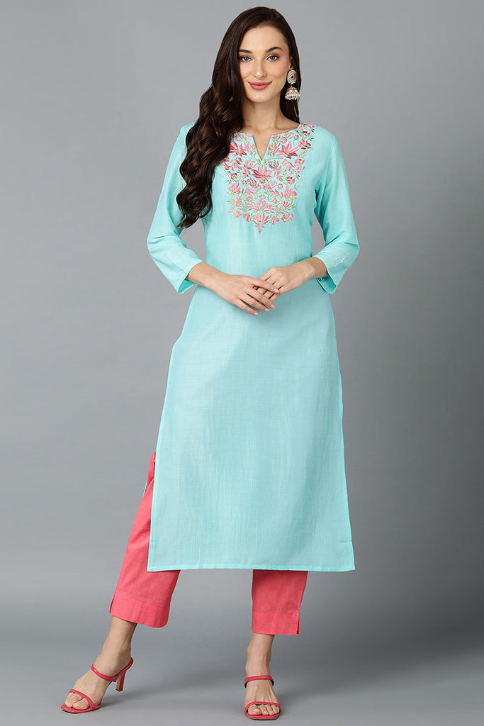 Chinon Turquoise Embroidered Straight Kurta VCK9250