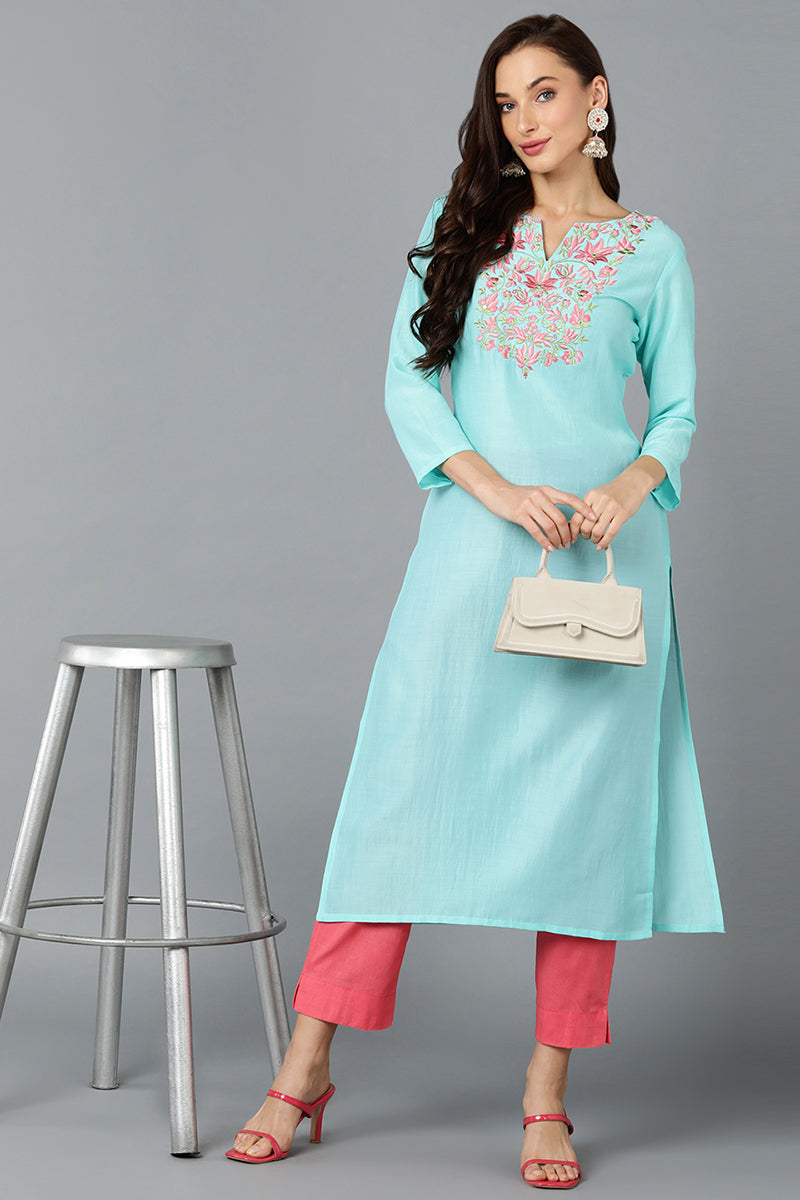 Chinon Turquoise Embroidered Straight Kurta VCK9250