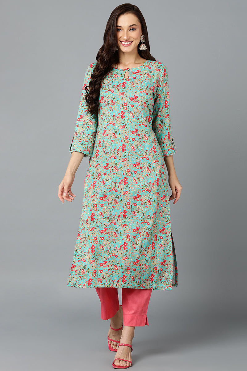 Chinon Turquoise Floral Printed Straight Kurta VCK9251