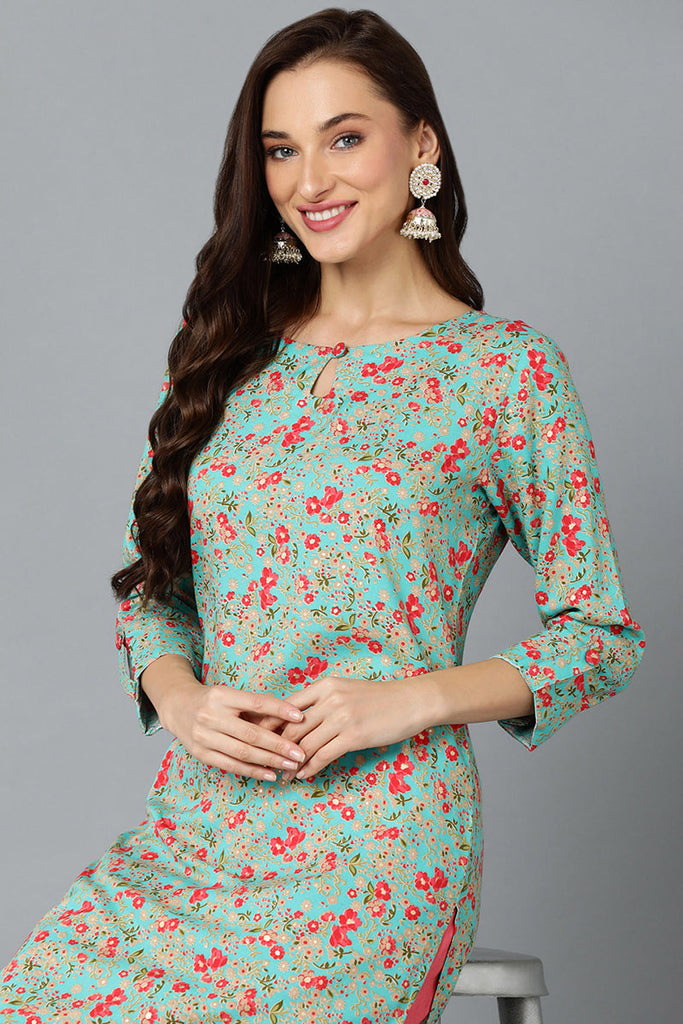 Chinon Turquoise Floral Printed Straight Kurta VCK9251