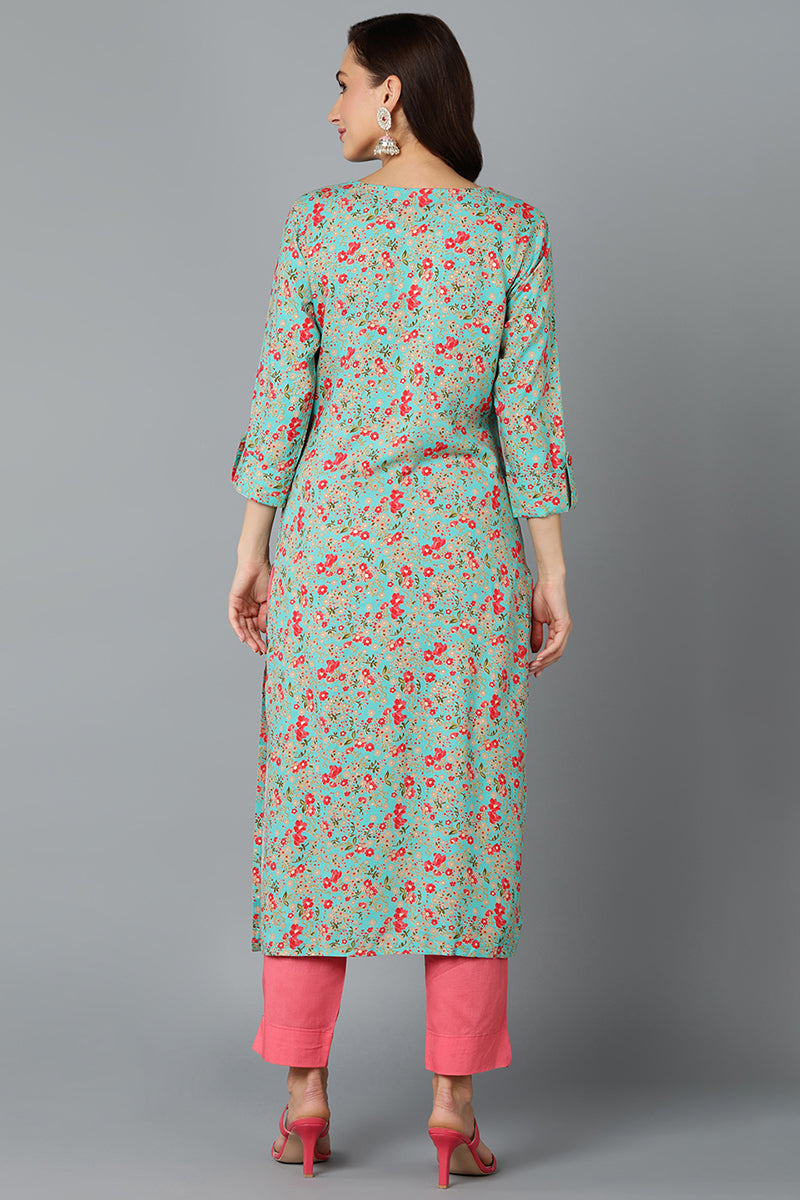 Chinon Turquoise Floral Printed Straight Kurta VCK9251