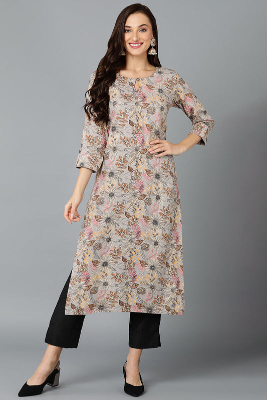 Cotton Blend Grey Printed Straight Kurta VCK9253