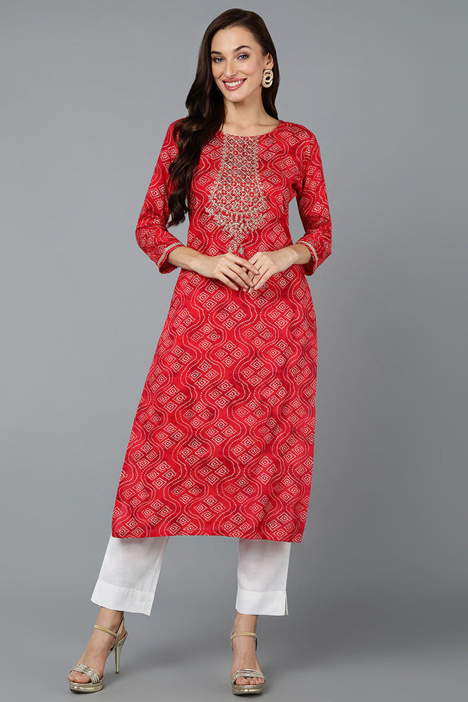 Cotton Blend Red Bandhani Print Straight Kurta VCK9258