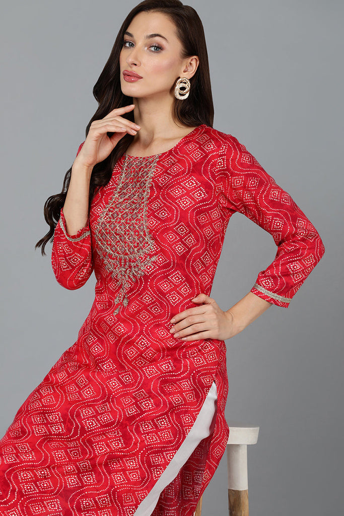 Cotton Blend Red Bandhani Print Straight Kurta VCK9258