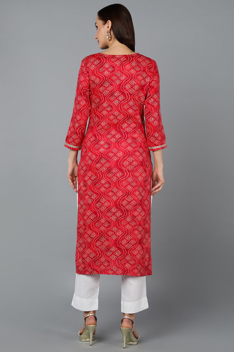 Cotton Blend Red Bandhani Print Straight Kurta VCK9258