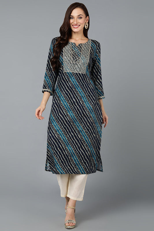 Cotton Blend Navy Blue Printed Straight Kurta VCK9259