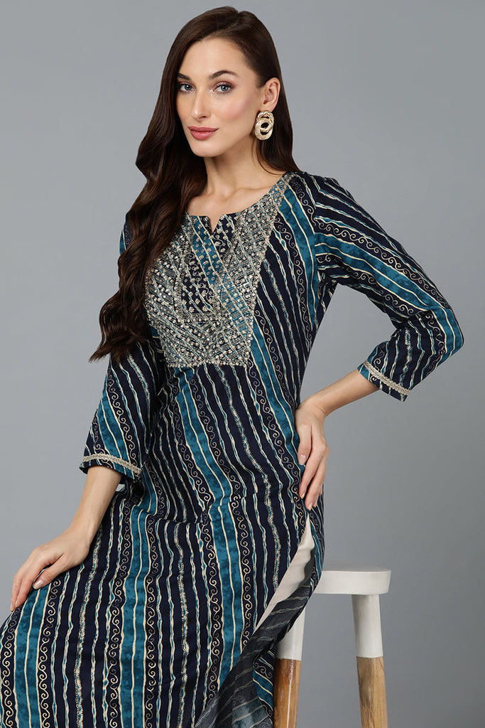 Cotton Blend Navy Blue Printed Straight Kurta VCK9259