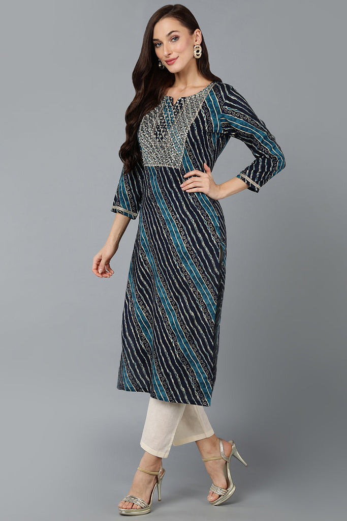 Cotton Blend Navy Blue Printed Straight Kurta VCK9259