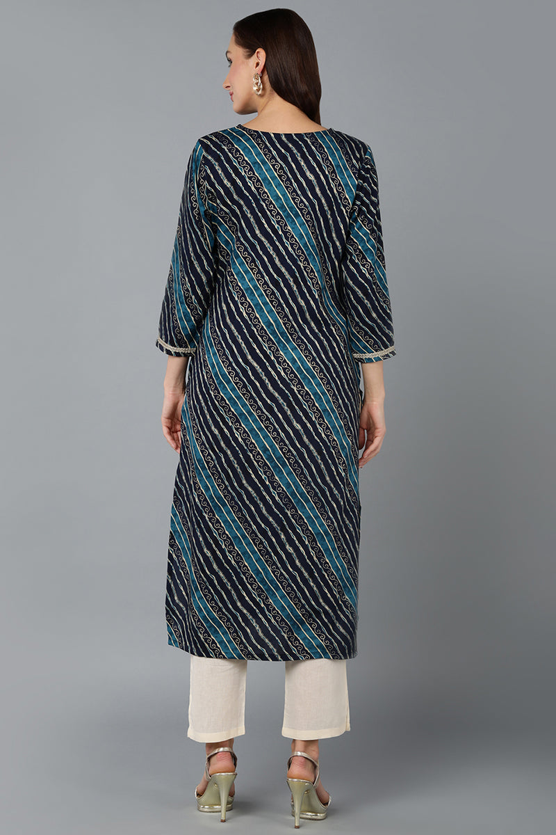 Cotton Blend Navy Blue Printed Straight Kurta VCK9259