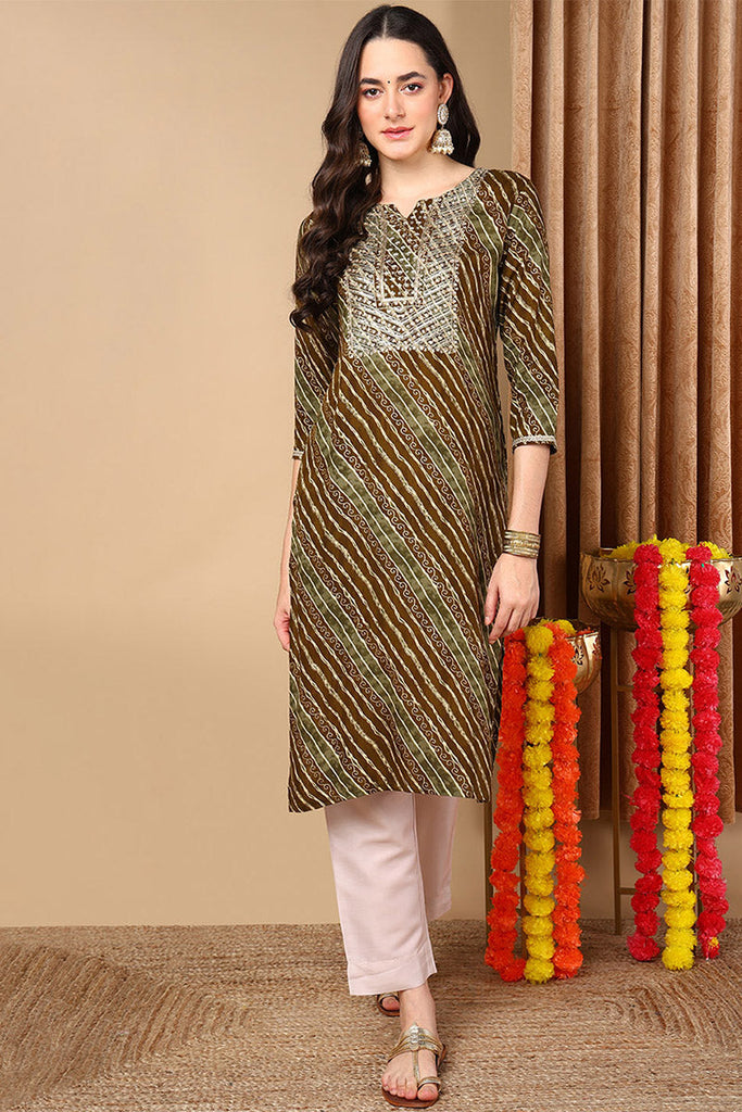 Olive Green Viscose Rayon Leheriya Printed Straight Kurta VCK9260