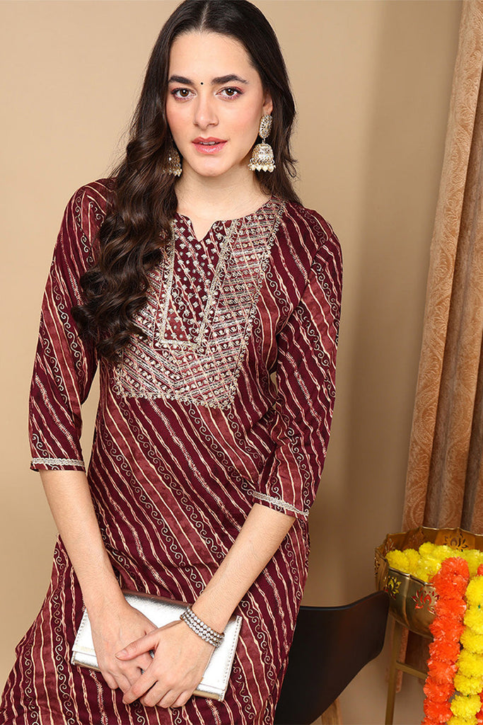 Burgundy Viscose Rayon Leheriya Printed Straight Kurta VCK9261