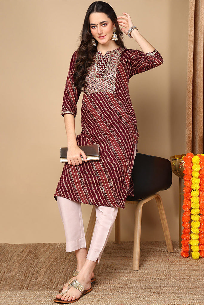 Burgundy Viscose Rayon Leheriya Printed Straight Kurta VCK9261