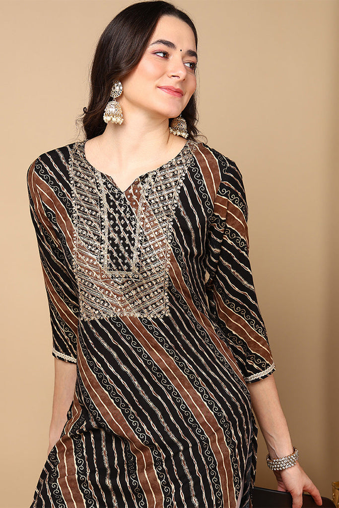 Black Viscose Rayon Leheriya Printed Straight Kurta VCK9262