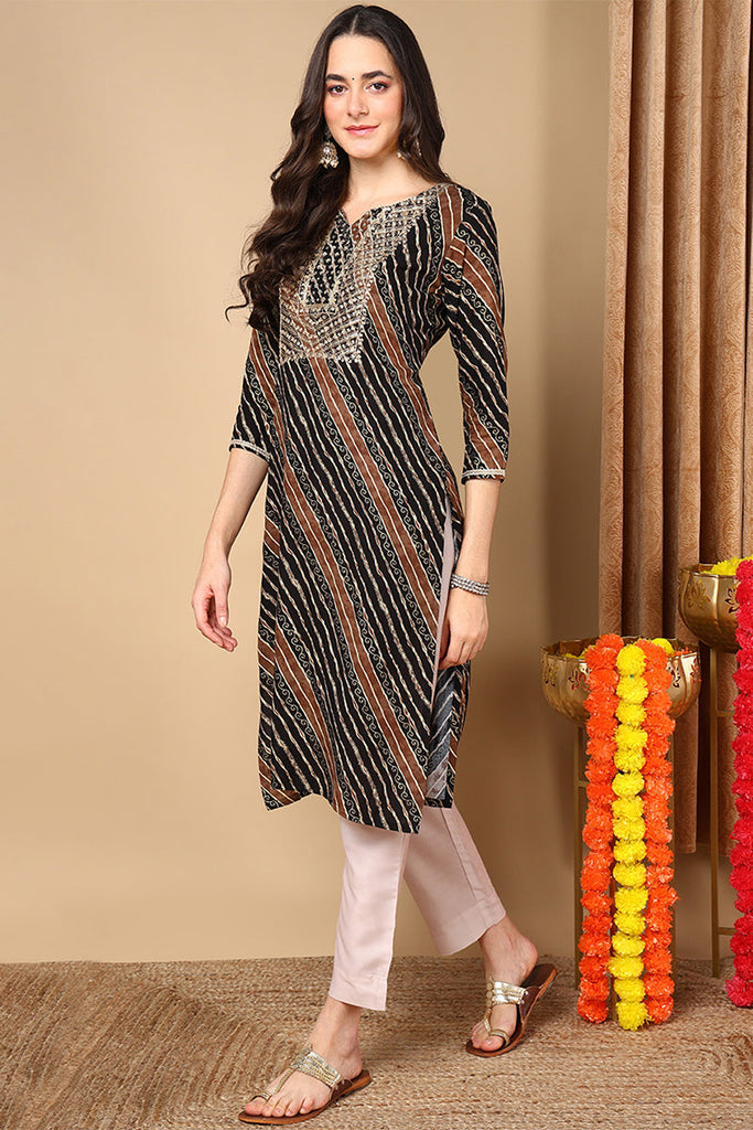 Black Viscose Rayon Leheriya Printed Straight Kurta VCK9262