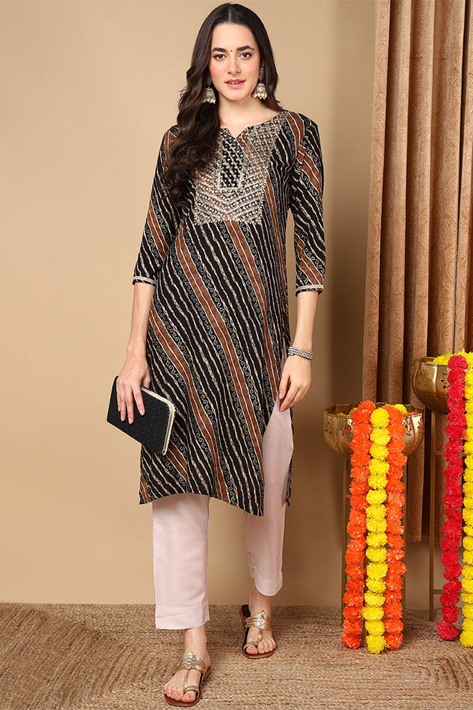 Black Viscose Rayon Leheriya Printed Straight Kurta VCK9262