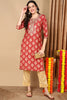 Rust Red Silk Blend Ethnic Motifs Printed Straight Kurta VCK9264