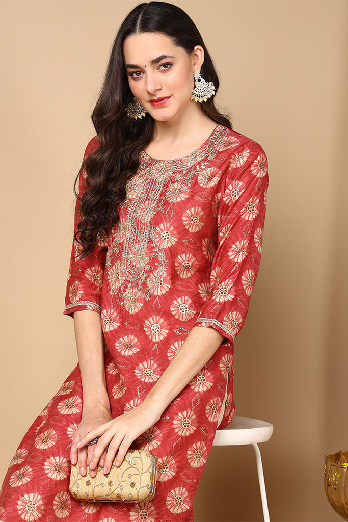 Rust Red Silk Blend Ethnic Motifs Printed Straight Kurta VCK9264