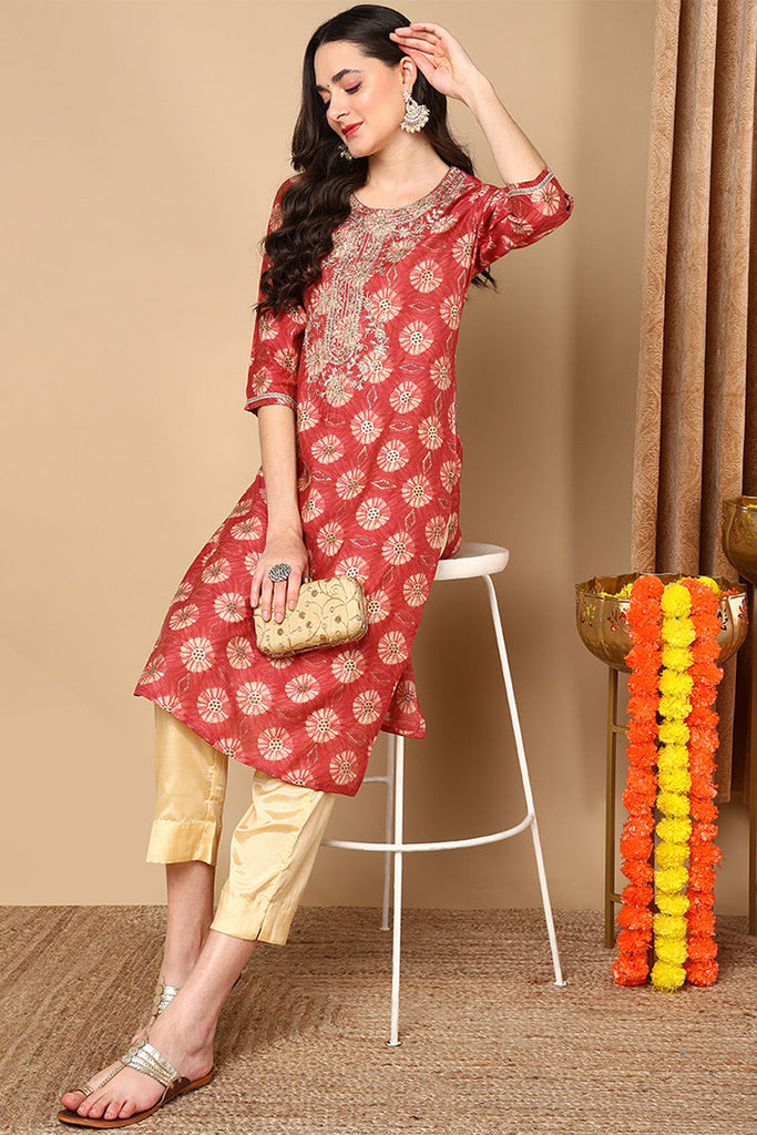 Rust Red Silk Blend Ethnic Motifs Printed Straight Kurta VCK9264