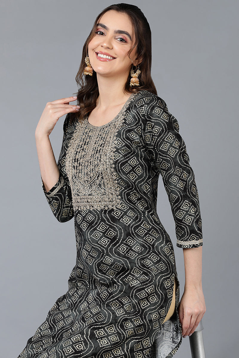 Viscose Rayon Black Bandhani Printed Straight Kurta VCK9267