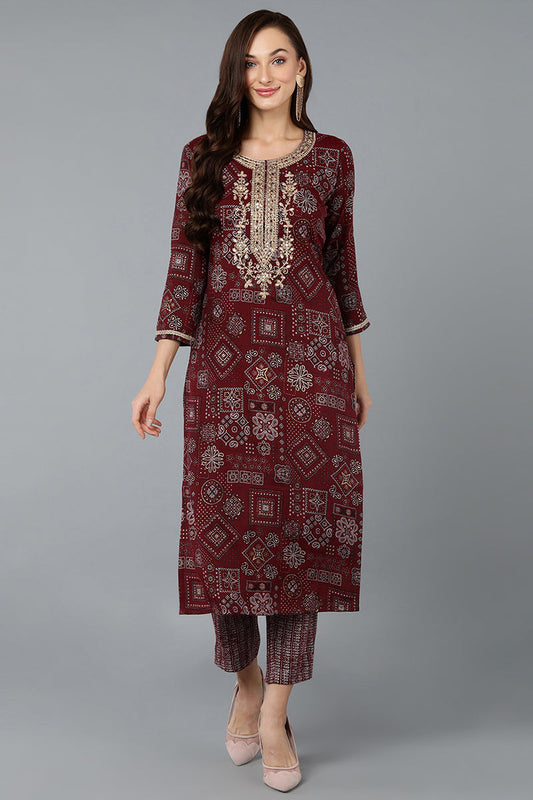 Cotton Blend Maroon Printed Straight Kurta VCK9270