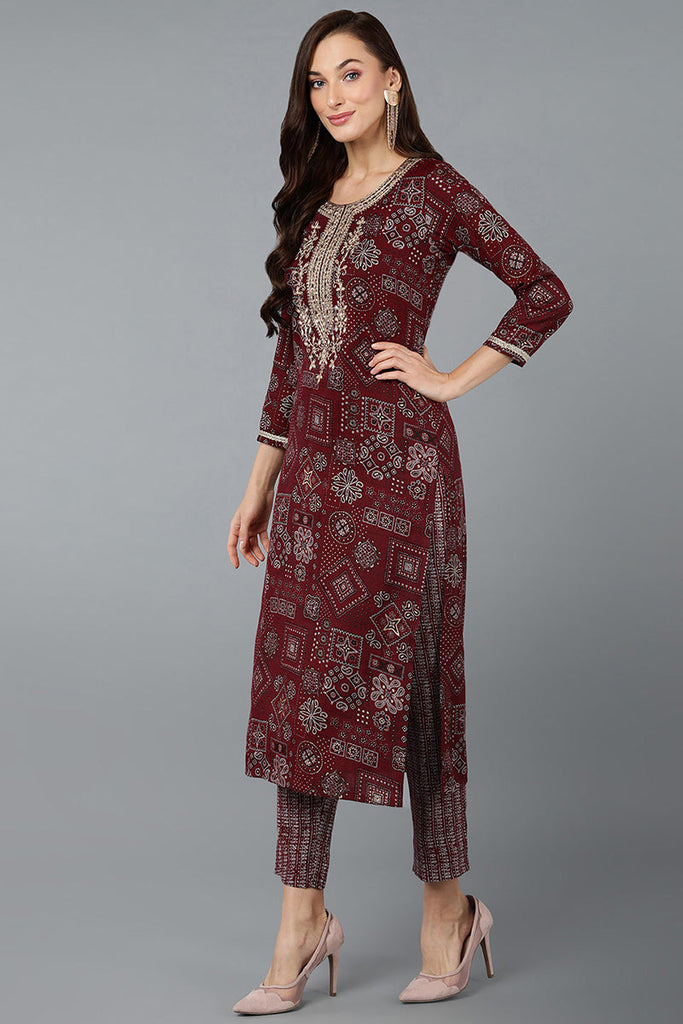 Cotton Blend Maroon Printed Straight Kurta VCK9270