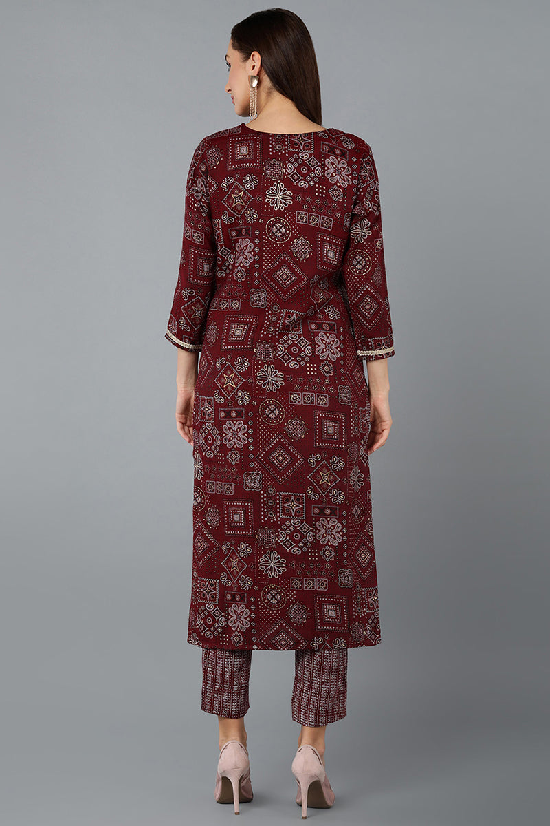 Cotton Blend Maroon Printed Straight Kurta VCK9270