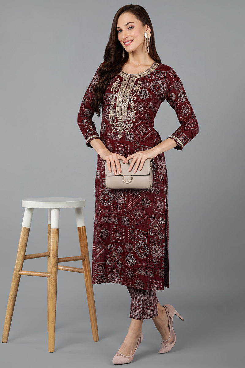 Cotton Blend Maroon Printed Straight Kurta VCK9270