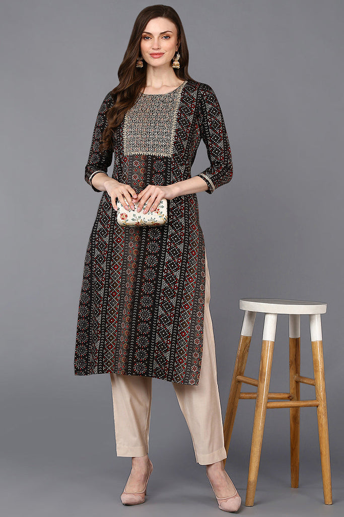 Viscose Rayon Black Bandhani Printed Straight Kurta VCK9272