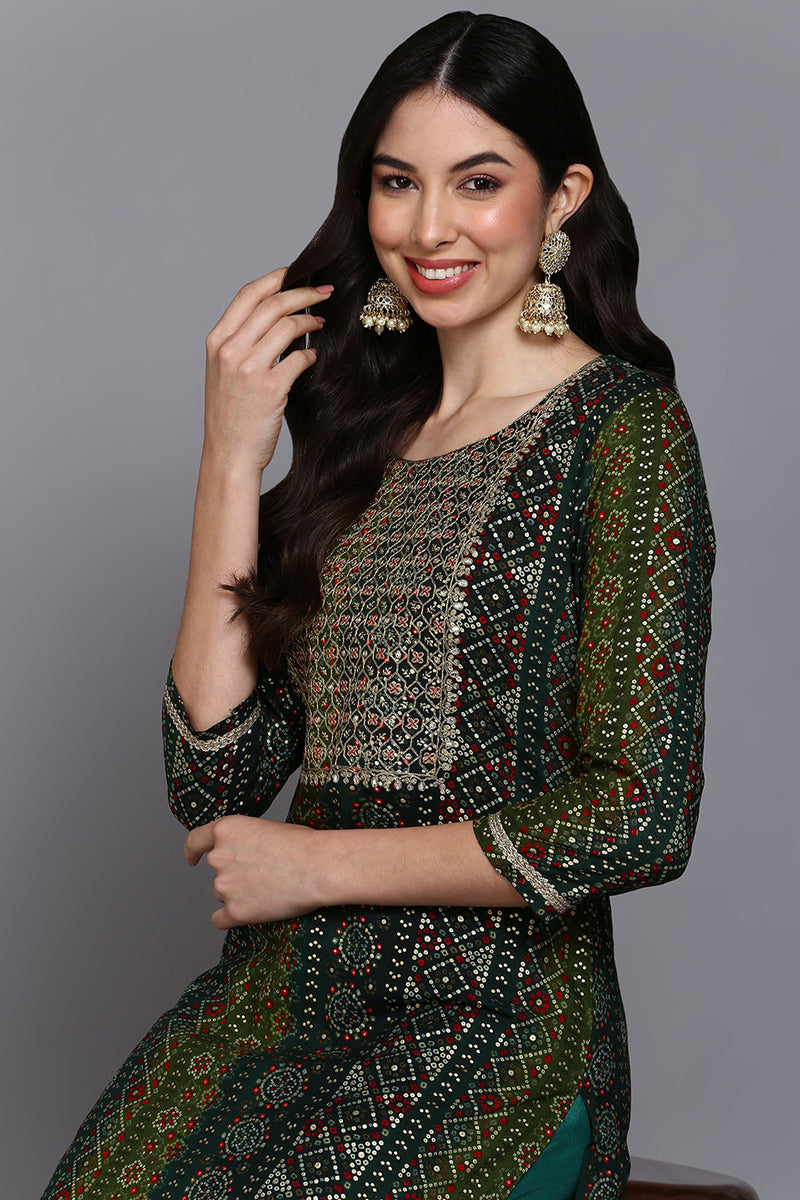 Viscose Rayon Green Bandhani Printed Straight Kurta VCK9274