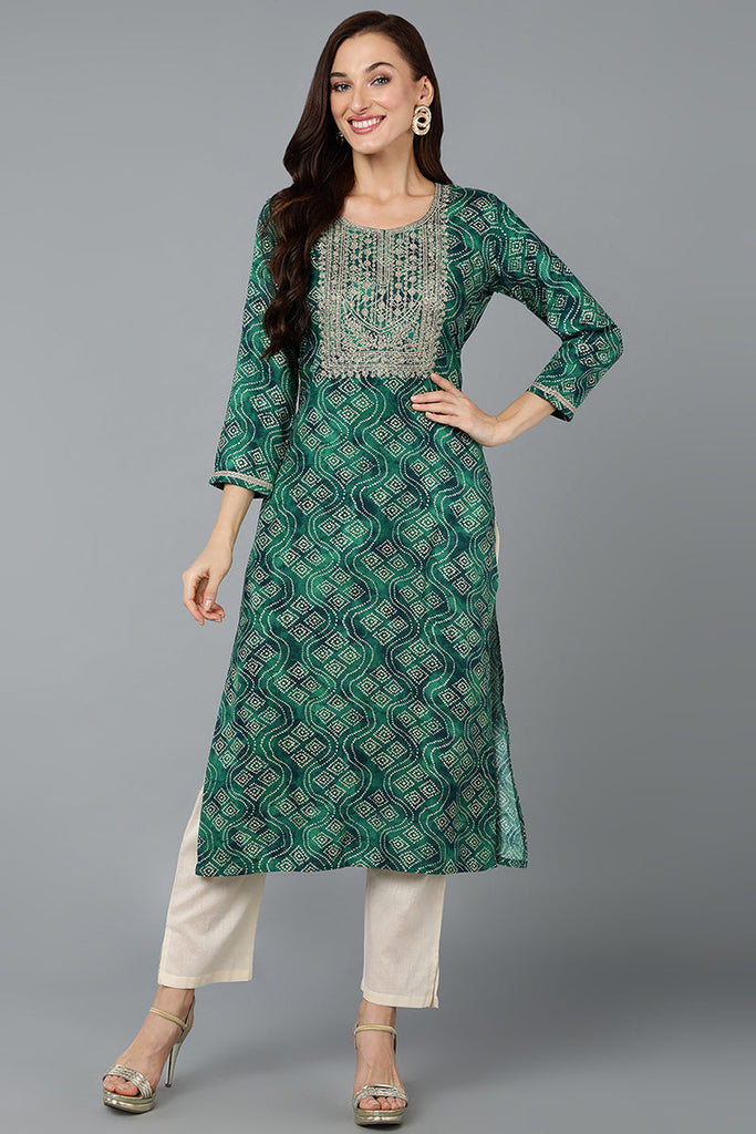 Cotton Blend Green Bandhani Print Straight Kurta VCK9276