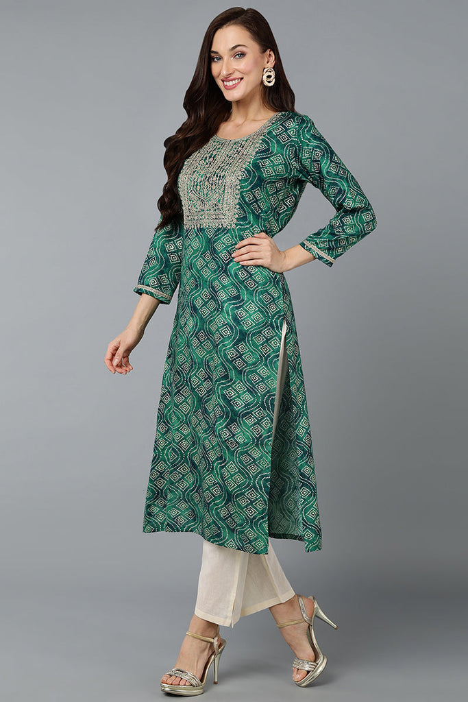 Cotton Blend Green Bandhani Print Straight Kurta VCK9276