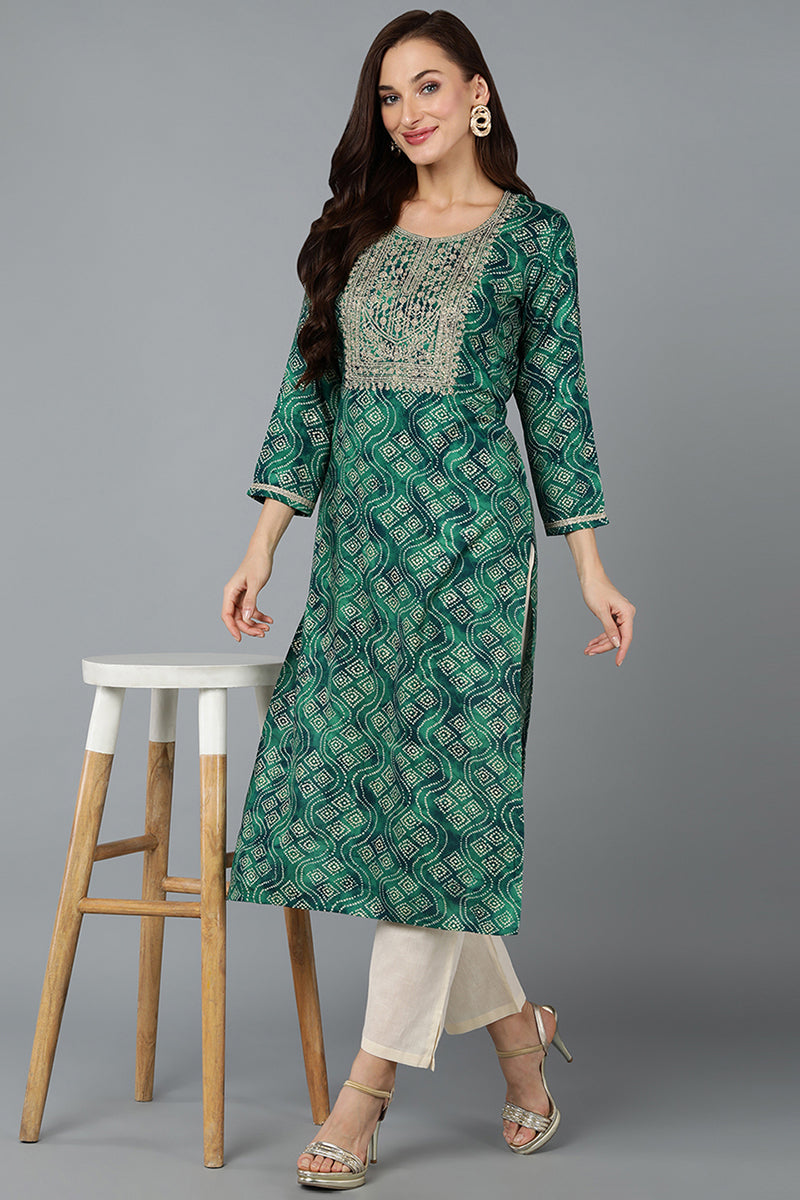 Cotton Blend Green Bandhani Print Straight Kurta VCK9276