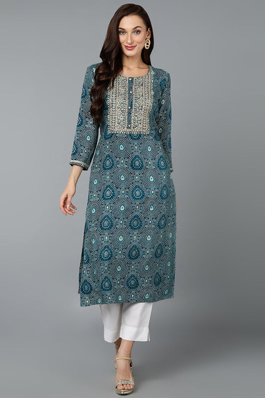 Cotton Blend Teal Blue Printed Straight Kurta VCK9278