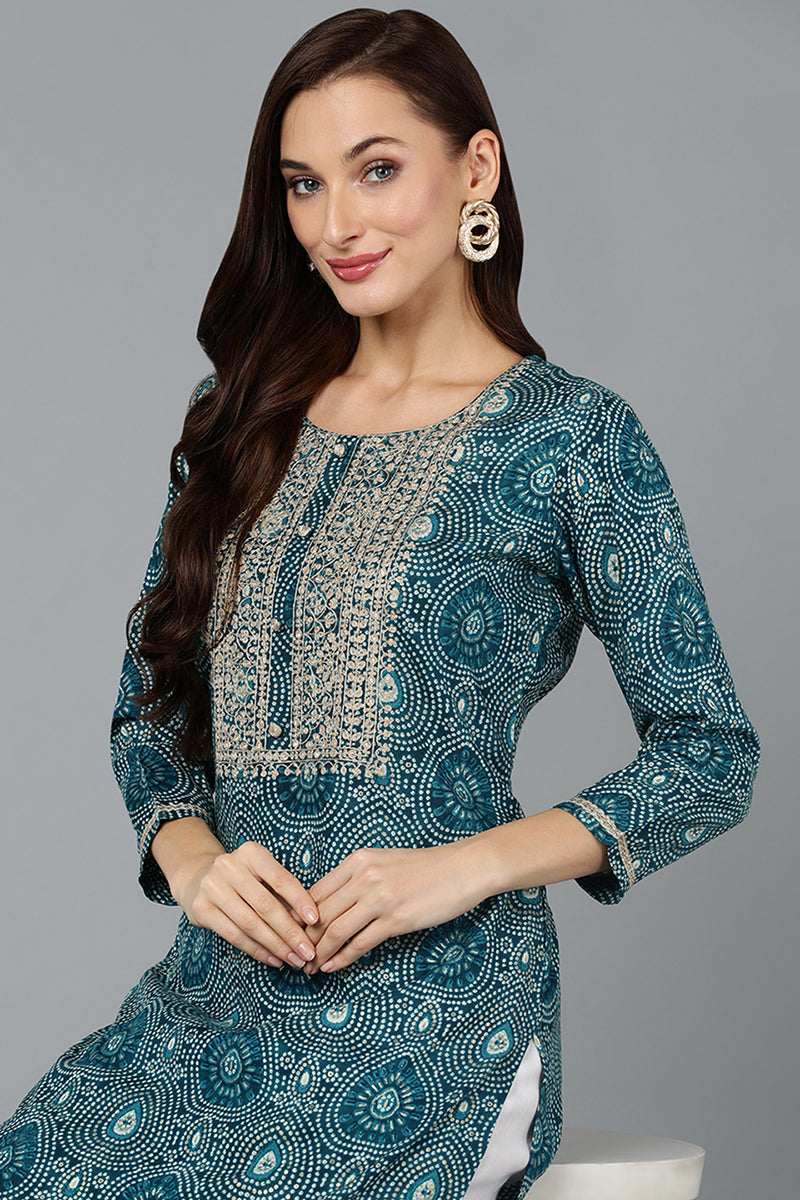 Cotton Blend Teal Blue Printed Straight Kurta VCK9278