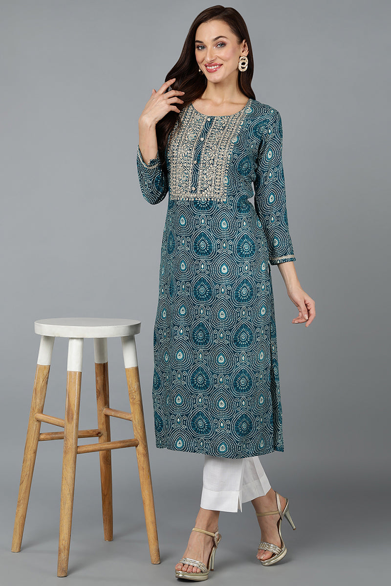 Cotton Blend Teal Blue Printed Straight Kurta VCK9278