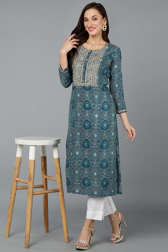 Cotton Blend Teal Blue Printed Straight Kurta VCK9278