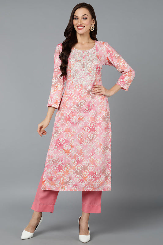 Cotton Blend Pink Printed Straight Kurta VCK9279