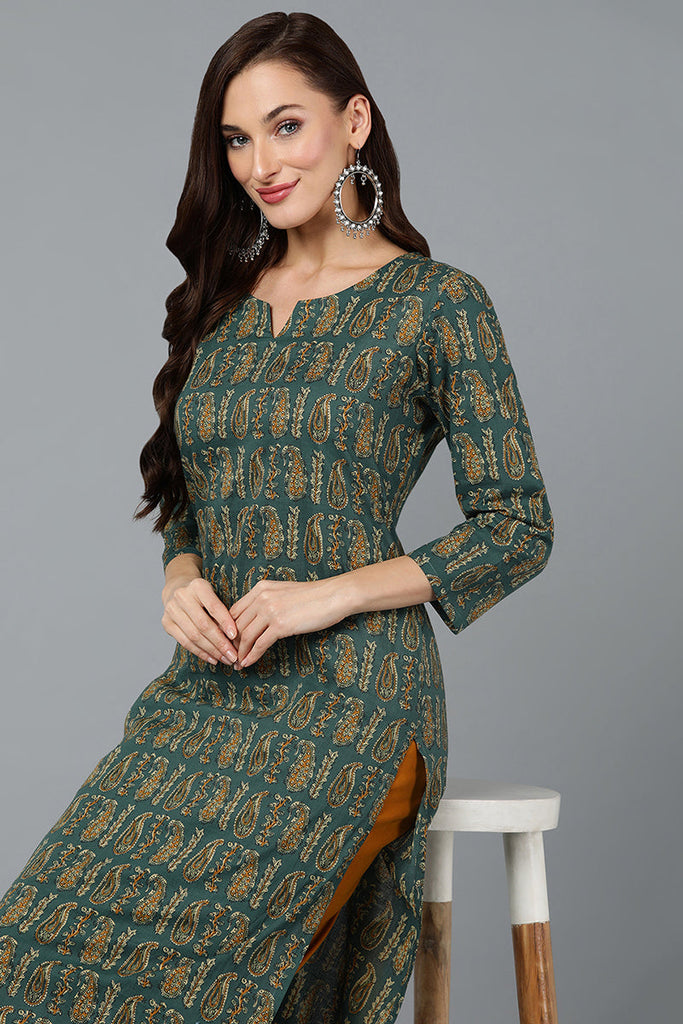 Cotton Blend Green Paisley Printed Straight Kurta