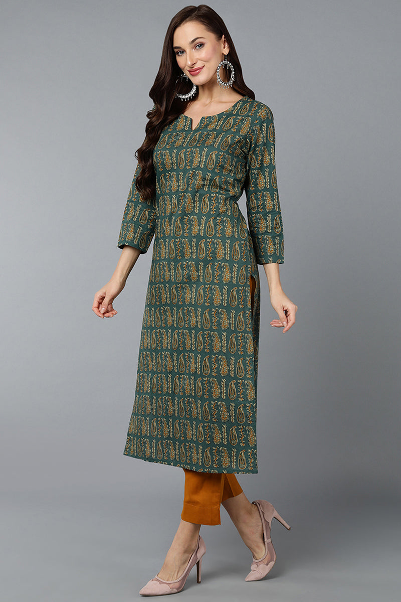 Cotton Blend Green Paisley Printed Straight Kurta