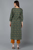 Cotton Blend Green Paisley Printed Straight Kurta