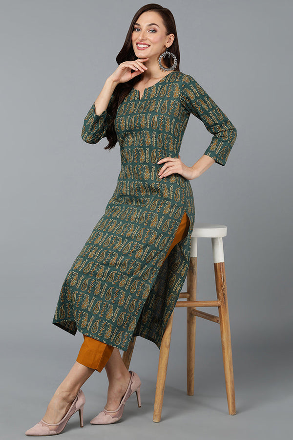 Cotton Blend Green Paisley Printed Straight Kurta