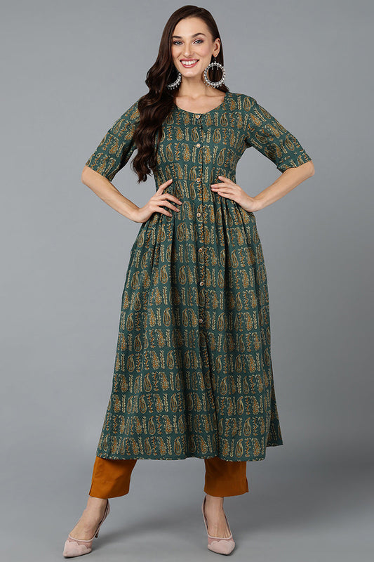 Cotton Blend Green Paisley Printed Flared Kurta VCK9283