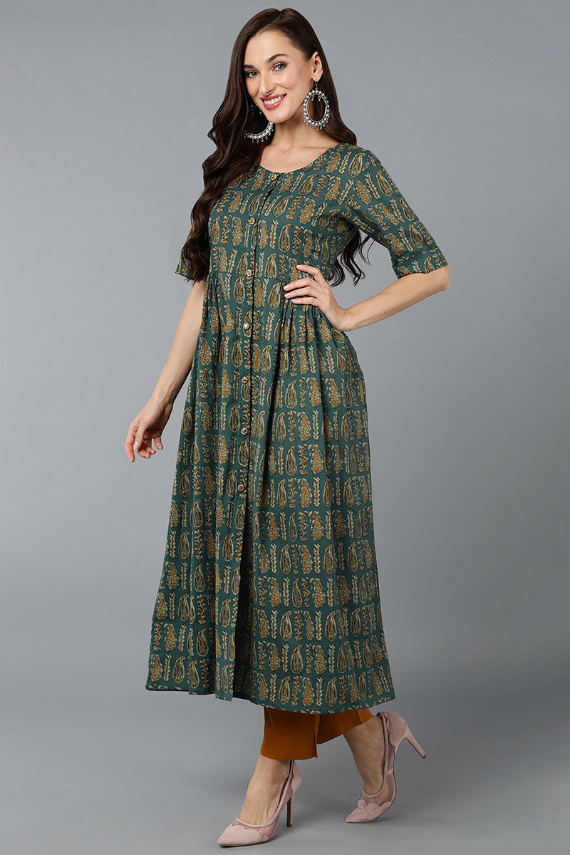 Cotton Blend Green Paisley Printed Flared Kurta VCK9283