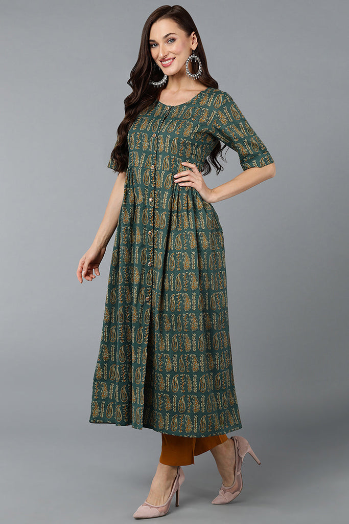 Cotton Blend Green Paisley Printed Flared Kurta VCK9283